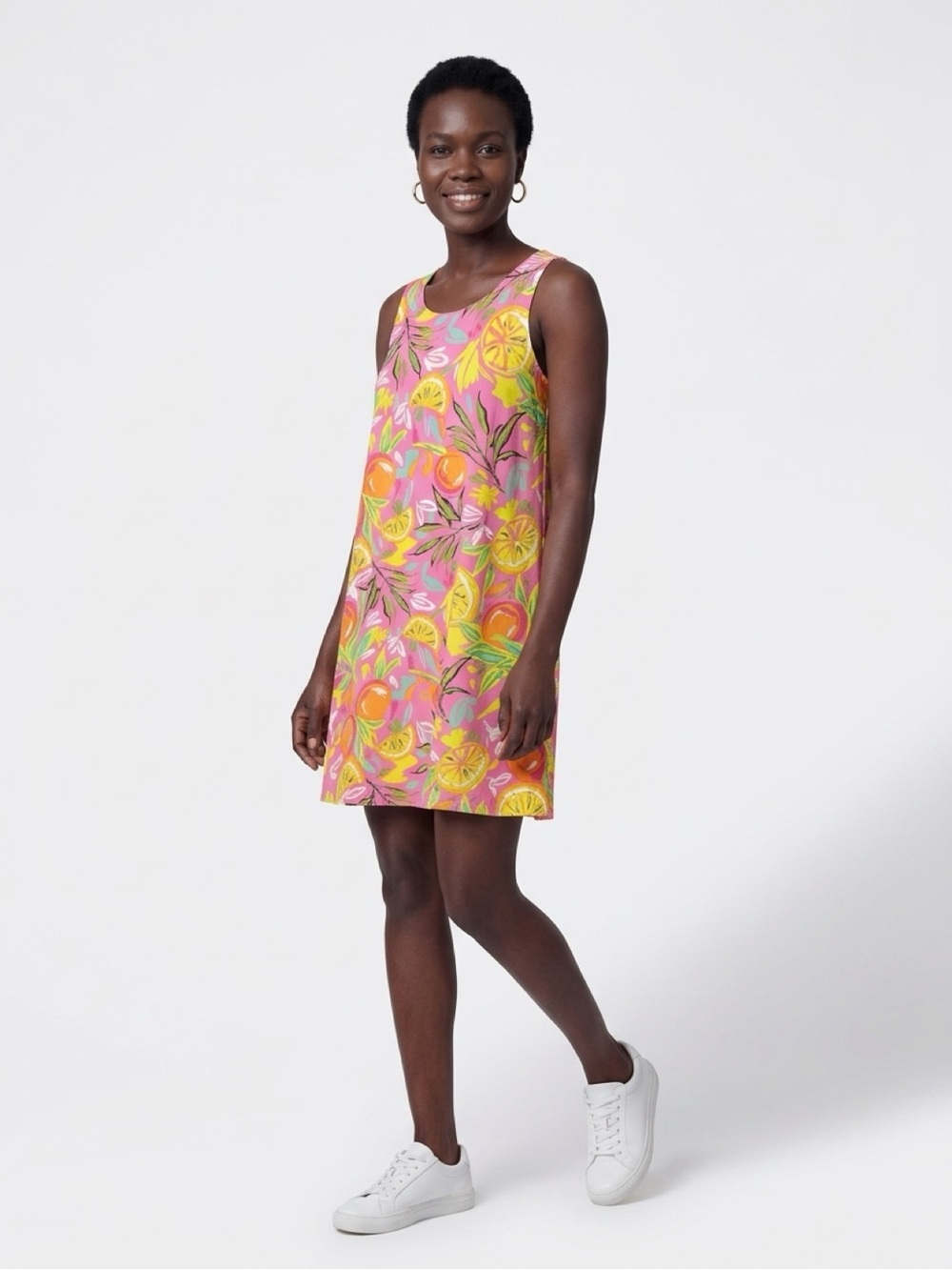 Pappagallo Resort Pink Tropical Citrus Print A-Line Sleeveless Dress Lined S